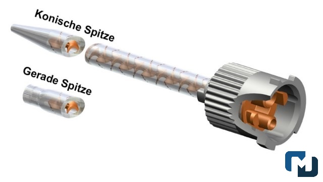 Sulzer 2K Mischer, K-System Statikmischer, Bajonettanschluss, Var. MKHX 02-16 S, Helix/Rund, gestuft